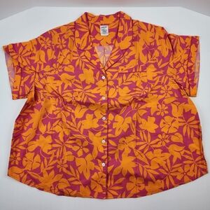 Lands End Short Sleeve Poplin Sleep Shirt Floral Hawaiian Button-Up 2X